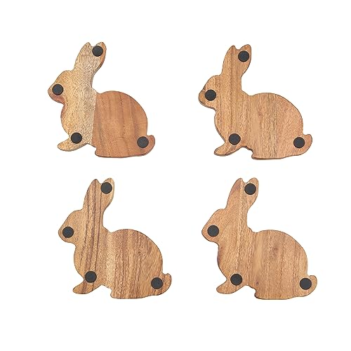 Easter Bunny Shaped Acacia Wood Premium Set of 4 Drink Coasters 4"