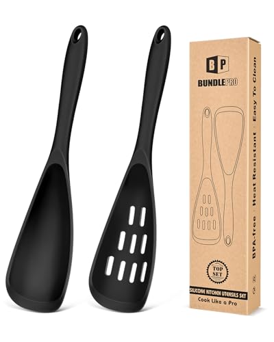 BUNDLEPRO Silicone Cooking Spoons for Nonstick Cookware, One-Piece, 2 Pack - color: Black
