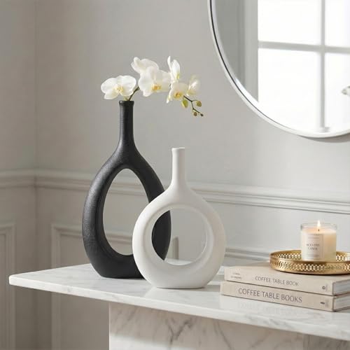 Black and White Ceramic Hollow Elliptical Vase Set of 2 - Boho Circle Vase with Hole, for Modern Black and White Table Decor, Living Room Decor Shelf mid Century Modern Home Entrance Decorative vase - color: Big Black Little White