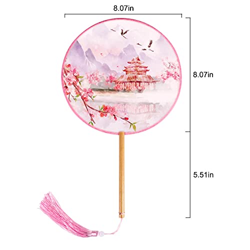 BAOZOON 3 Pcs Silky Translucent Ancient Round Fan Classic Silk Hand Held Fan Floral Pattern Palace Paddle Dance Fan with Tassel Wooden Handle Wedding Favor Gift Home Decor - color: Color#7