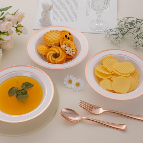 realluck 50pc Deep Bowl With White ground And Double Rose Gold Edges - color: Rose Gold, size: 50Pack