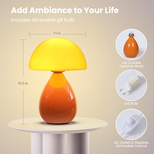 Mushroom Lamp Table Lamp, Mini Modern Lamp Bedside Nightstand Light Desk Cute Small Light Dimmable for Bedroom, Living Room, Ceramic Base Glass Led Home Decor for Woman Children Gifts - color: Orange