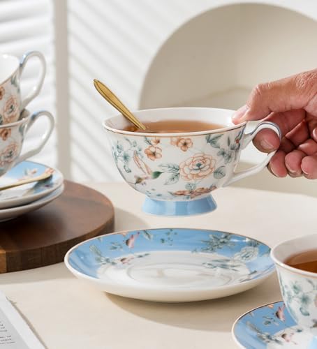 Jusalpha Porcelain Tea Set, Blue Floral Series, 4 Cups and Saucers with Teapot, Warmer, Filter and Spoon, 16 Pieces