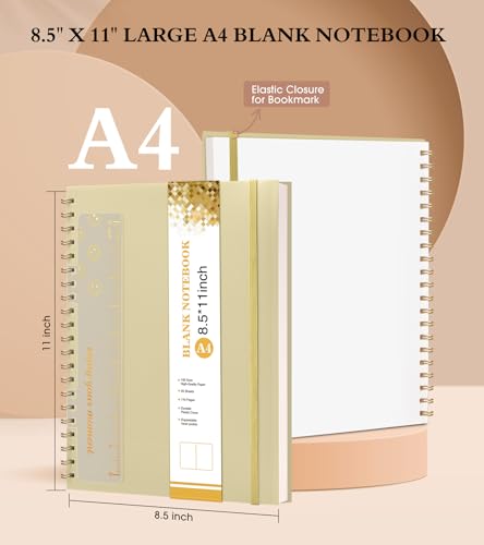 Blank Spiral Notebook Journal 8.5” x 11”, A4 Large Sketch Book for Women Men, 100 GSM Blank Paper Drawing Notebook, Plastic Hardcover Spiral Bound Sketchbook for Sketching Work School Writing, Yellow - color: Yellow, size: Plain