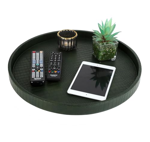 HofferRuffer Round Serving Tray 20'', Elegant Faux Leather Circle Ottoman Table Tray, Serve Tea Coffee Breakfast in Bedroom Living Room Kitchen(Green, 20") - color: Green, size: 20"