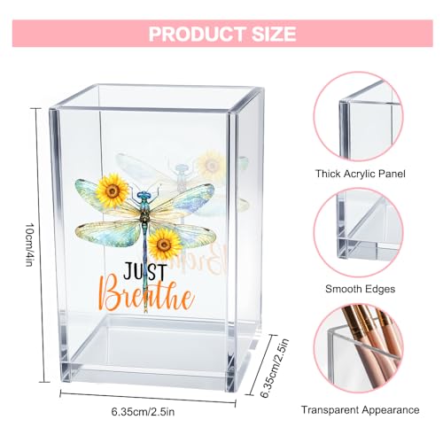 Just Breathe Acrylic Cosmetic Pencil Pen Holder Cup, Inspirational Dragonfly Desk Organizer Accessories for Home Office Decor, Motivational Encouragement Gifts for Women Girl Coworker Teacher - style: Breathe D