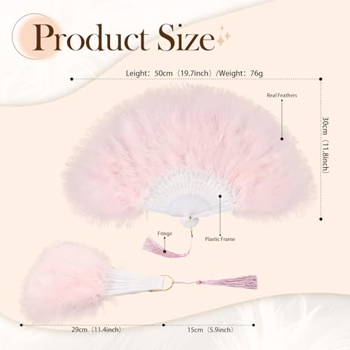 whitefeather Vintage Feather Hand Fan, 17.7 x 11.8 inches, Marabou Feathers, 1920s Style for Costume Parties, Tea Parties - color: Light Pink