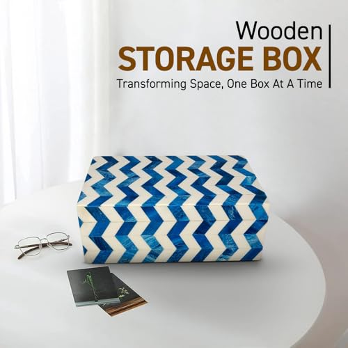 Perilla Home ﻿Home Decor Decorative Storage Wooden Box Small Wooden Organizer Tool Stash Card Craft Trinket Memory Keepsake Jewelry Box for Men and Women, Chevron, Gifts For All, Blue and Off White - color: Blue and off white Chevron
