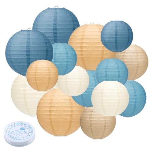 15 Pack Dusty Blue Paper Lanterns with String, 6/8/10 Inches - color: Dusty Blue, Light Blue, Ivory, Kraft, Taupe