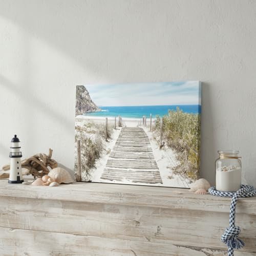 Bathroom Wall Art Beach Picture: Modern Ocean View Sea Canvas Artwork Decor Contemporary Coastal Scene Wave Seascape Painting Horizontal Scenic Nature Landscape Seaside Boardwalk Prints for Living - color: Boardwalk, size: 16"L x 11"W