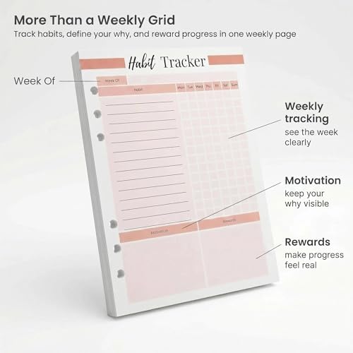 A5 Weekly Habit Tracker Inserts - Motivation & Rewards Pages for Weekly Goals and Consistency, Double-Sided 6-Hole Refill for A5 Binders, 50 Sheets, 100 Pages