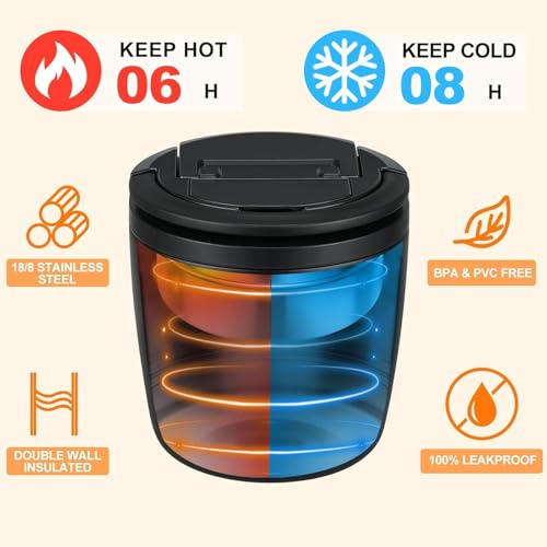 MAXSO Lunch Container 40 oz for Adults Stainless Steel Vacuum Insulated Food Jar, Soup Thermo for Hot Food Thermal Bento Box, Wide Mouth Leakproof Buckle Lid with Spoon - Black - color: Black