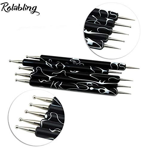 5Pcs Nail Dotting Tools Double-Ended Nail Art Embossing Stylus - color: Black