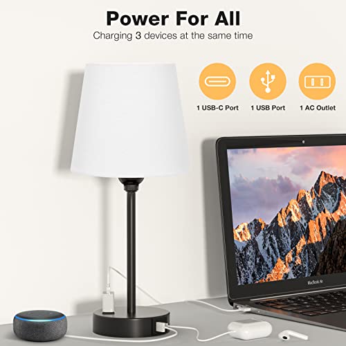White Bedside Lamps Set 2 for Bedroom - Dimmable Touch, USB C+A, AC Outlet - color: White