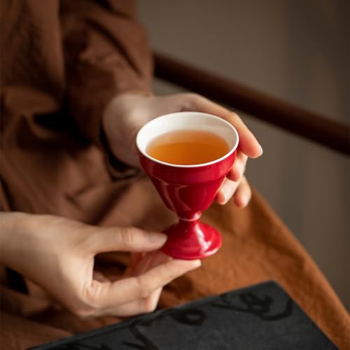 KAMMAK Tea Cup, 3oz Small Tea Cups Set of 2, Ceramic Tea Cups for Home, Tea Party, Office, Fashion Porcelain Tea Set with Short Stem, Chinese Kungfu Tea Set for Hot/Cold Drink (Red and Blue) - style: 680N+681N Red and Blue