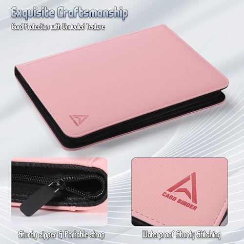 9 Pocket Card Binder - 540 Capacity with Zip Closure Premium, Double-Sided,Sturdy & Sleek PU Leather Protector for MTG, TCG, Sport & Collectible Cards (pink) - color: pink