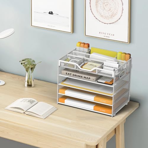 5 Tier Paper Letter Tray Desk Organizer with Pen Holders - White - color: 5 Tier-White, size: 12.5" x 9.1" x 10.3"