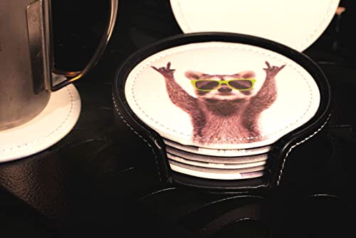 Novelty Raccoon Coasters for Drinks with Holder Leather Coasters Set of 6 Table Decor Protect Furniture from Water Marks Scratch and Damage - color: Black2