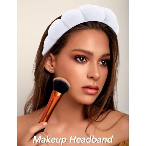 VELSCRUN Spa Headbands for Wash Face, Makeup Headband, Facial Skincare Headbands, 5 Pcs White Puffy Sponge Spa Headband Bow Tie Hair Band Hair Clips Wristband Set Women Girls Accessories - color: White
