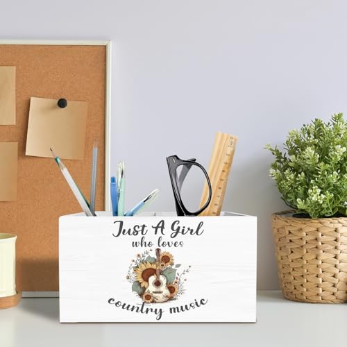 Western Cowgirl Pen Holder for Desk, Country Western Gifts Pencil Organizer, Just a Girl Who Loves Country Music Wooden Box Sign Desk Decor for Home Office Decoration - color: COUNTRY MUSIC