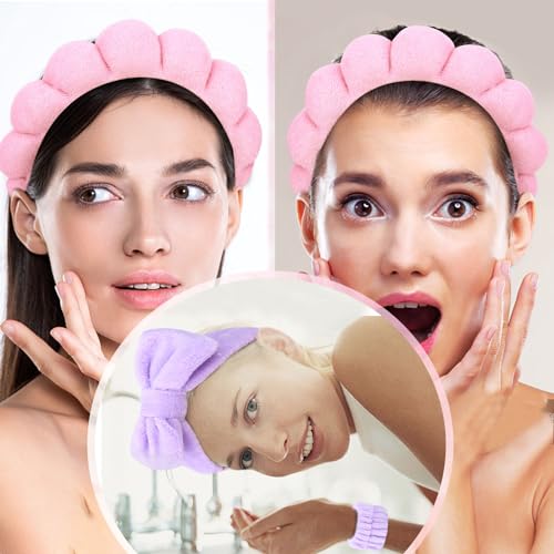 6 Pcs Spa Headband Set - Terry Cloth Headbands with Sponge Wristbands for Skincare, Makeup Removal, and Shower - color: Pink+Purple