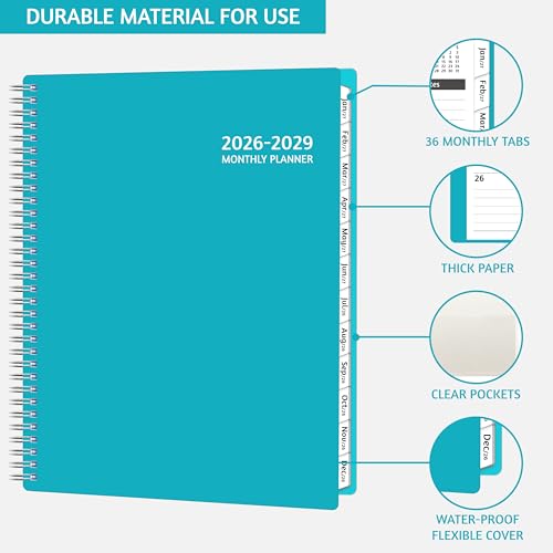 Monthly Planner 2026-2029, 36 Months Calendar Planner 2026-2029 from Jul 2026 – Jun 2029, 8.5'' x 11'' with Ruled Spread, Flexible Cover, Spiral Wirebound, Pocket, Coated Tabs, Notes ＆ Habit Tracker