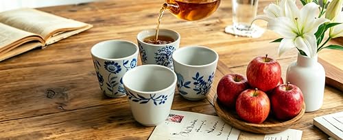 6 oz Chinese Tea Cups, Coffee Cups Ceramic, Handle-less Espresso Cups - color: Blue- Plants 1