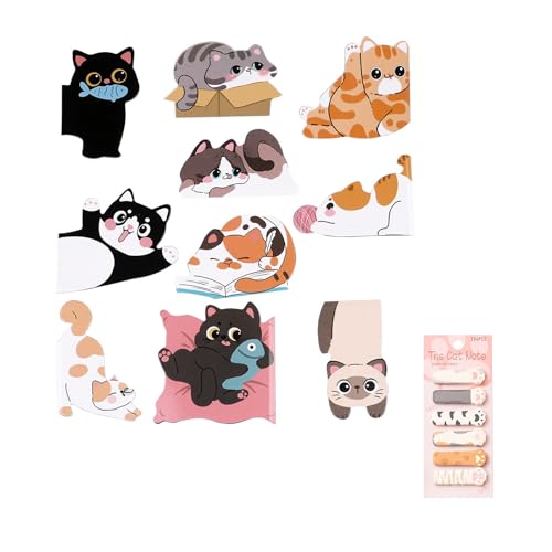 10 Pcs Cat Bookmark, Set, Cute Magnetic Bookmarks and Cat Magnetic Bookmarks with 180 Cat Paw Index Sticky Notes, Fun Reading Accessories for Book Lovers