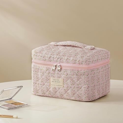 HBselect Quilted Makeup Bag, 3Pcs Cotton Large Travel Makeup Bags Organizer - color: A-3PCS-Floral 16