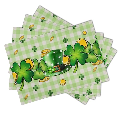 St. Patrick's Day Clover Top Hat Placemat Set of 4,Lucky Shamrock Gold Coin Dining Place Mat Table Decor 12x18 Inch Buffalo Plaid Seasonal Spring Table Mats for Home Party Kitchen Decoration - color: Shamrock Gold Coin