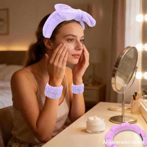 Purple Skincare Bubble headband and wristband set for Face Washing - color: Purple