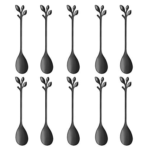 AnSaw Elegant Black Leaf Coffee Spoons - 10-Piece, 4.7" Mini Spoon - color: Black