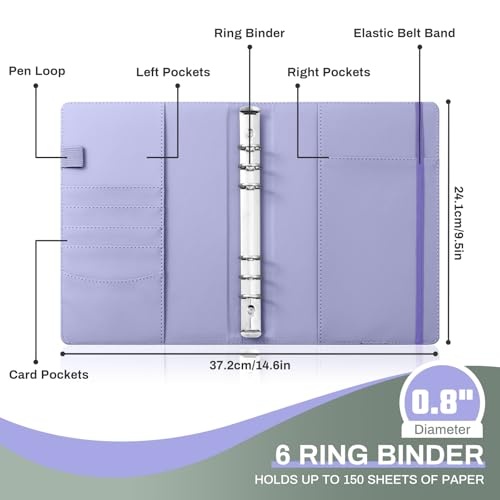 Ovesmusl PU Leather Aesthetic A5 Binder 6 Ring Binder Journal Cover - color: Purple, size: A5