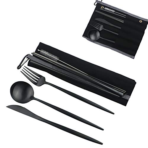 Luxury Black Matte Portable 18/10 Stainless Steel Travel Flatware Sets of 7 Portable Camping Cutlery Set, Healthy & Eco-Friendly Flatware Set with Carrying Case for Travel or Camping - color: Black, size: Black Pouch