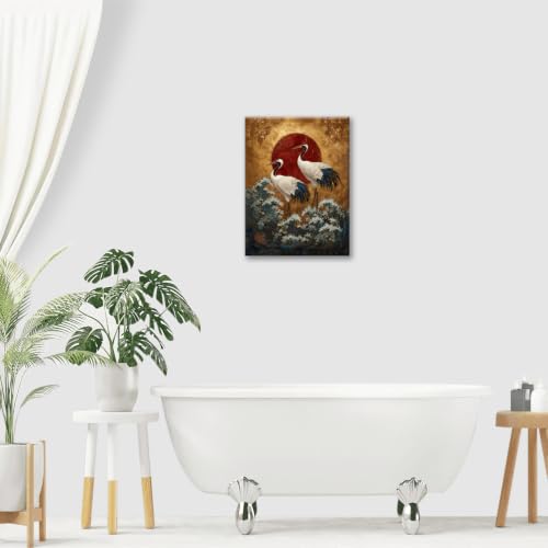 Japanese Crane Wall Art Gold Oriental Asian Wall Decor Sandhill Crane Canvas Pictures Paintings Prints Japan Traditional Aesthetic Artwork Framed Chinese Decorations For Bedroom Living Room Office Gifts 12" x 16" - color: Gold Crane, size: 16"L x 12"W
