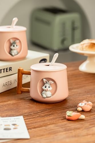 DIHOclub Adorable 3D Ceramic Rabbit Mug with Lid and Spoon Perfect for Coffee, Tea, Milk, and More - Ideal Gift for Bunny Lovers - 14 Ounces (Pink) - color: Pink
