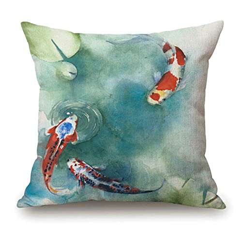 Solekla Colorful Carp Fish Japanese Symbol Pond Watercolor Painting Orange Asian Rustic Farmhouse Decorative Throw Pillow Cover Square Cushion Case for Home Sofa Couch Decoration 18 x 18 Inches - color: Sl210