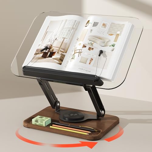 BYMECOST Acrylic Book Stand for Reading, 360°Rotating Book Holder, Black - color: Dark Walnut, size: 13.4"