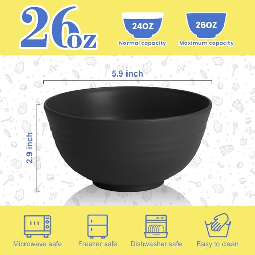 Wheat Straw Bowls Set of 6, Unbreakable Lightweight 26 OZ Cereal Bowls for Kitchen, Reusable Salad Bowl, Microwave & Dishwasher Safe Bowl Set, Black - color: Black, size: 26 OZ