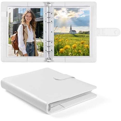 A5 PU Leather Photo Album with 60 Pockets, 5x7 Top Loading Double-Sided Sleeves, Adjustable 6 Ring Binder for Photos, Scrapbook & Keepsakes, White - color: White