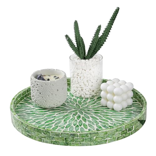 12.5" Lazy Susan for Table Top – Mother of Pearl Spinning Turntable Serving Tray, Marble Lazy Susan Organizer for Dining Table Centerpiece, Kitchen Island Decor, Bathroom Counter, Outdoor Use (Green) - color: Green Leaf