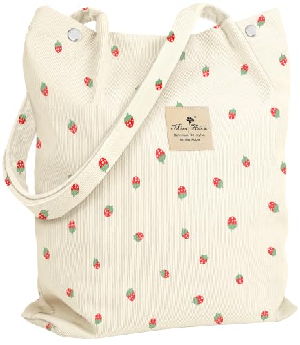 Miss Adola Corduroy Tote Bag for Women Cute Design - color: Beige Strawberries