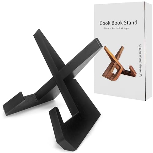 Rustic Black Cookbook Stand for Kitchen, Recipe Book Holder for Kitchen Counter, Wooden Cookbook Holder, Rustic Cook Book Holder Stand with Natural Wooden Grains (1 in Black) - size: 1 in Black (8.6" x 6.7")