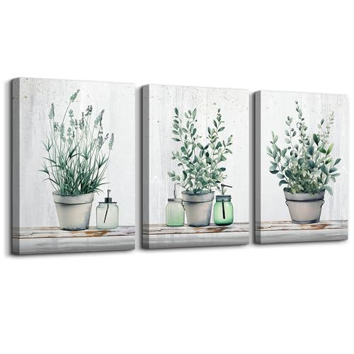 MHARTK66 Family Canvas Wall Decor for Bedroom, Dining Room, Living Room & Office - Green Leaf Vase Artwork - 12x16in - color: Wall Decor Painting Green Plants, size: 12x16inches*3pcs