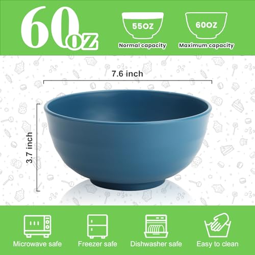 Wheat Straw Bowls Set of 6, 60 OZ Unbreakable Camping Bowls, Microwave Safe & Dishwasher Safe, Large Salad Bowls for Outdoor, Picnic, RV Trips, Ramen, Cereal, Soup, Dark Blue - color: Blue, size: 60 OZ