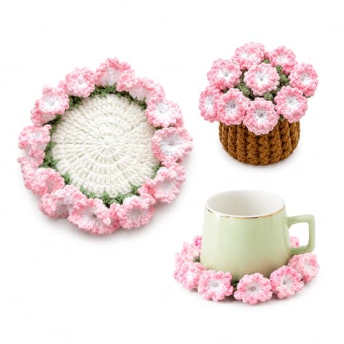 Flower Crochet Coasters Set, Handmade Bouquet Coaster with Crochet Plant Pot, Cute Drink Coasters for Desk Coffee Table, Foldable Decorative Coasters for Home Office Decor Gift (Pink) - color: Pink