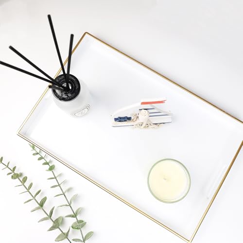Spsyrine White Decorative Serving Tray with Handles, Elegant Plastic Coffee Table Tray for Ottoman, Living Room, Home Decor 15.6" X 10.2" - color: Pure White