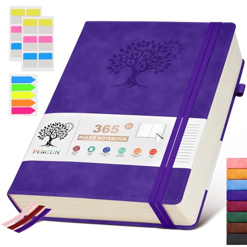 PERCUN A4 Lined Journal Notebook，365 Page Large Leather Journals for Writing Women Men，Hardcover Notebook with 100Gsm Thick Pages for Travel，Work，School，College Ruled, Daily Diary (8.5" x 11.4") - color: Purple, size: A4