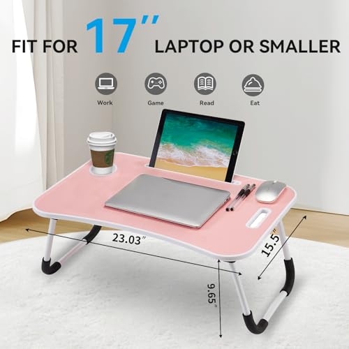 BUYIFY Folding Lap Desk, 23 Inch Portable Wood Blue Laptop Bed Desk Lap Desk with Cup Holder, for Working Reading Writing, Eating, Watching Movies for Bed Sofa Couch Floor-Pink 02 - color: Pink