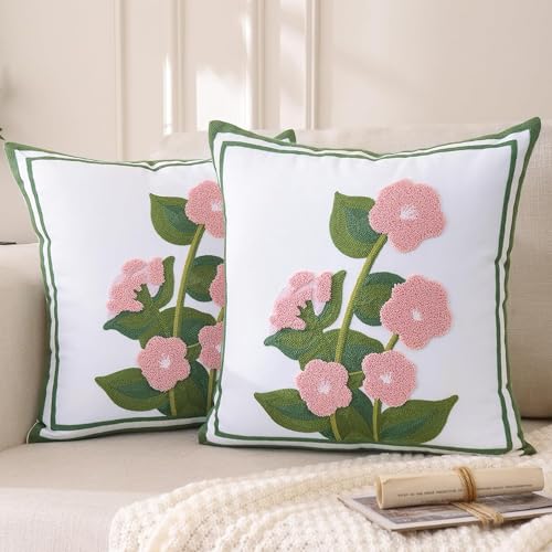 LUOYEHK Embroidered Throw Pillow Covers 18x18 Inch Set of 2 Pink Flower with Green Leaves Decorative Pillow Cases Spring Farmhouse Floral Cushion Covers for Couch Sofa Bed Living Room - color: Pink Flower With Green Leaves